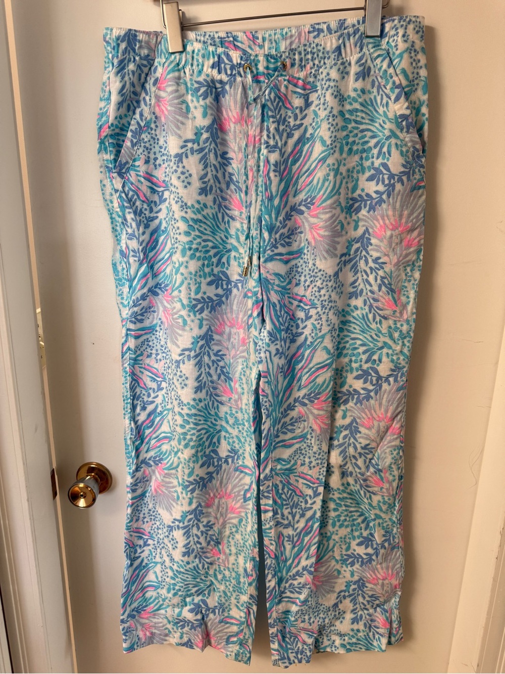 Lilly Pulitzer Lagoon Linen Floral Wide Leg Pants Size L